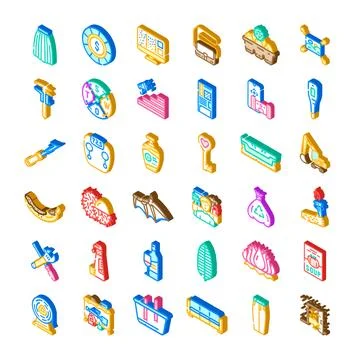 Isometric diverse objects collection representing technology health and lif.. Illustrazione stock