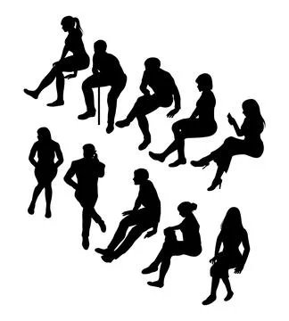 Isometric diversity people sitting without chair silhouette. Ilustração Stock
