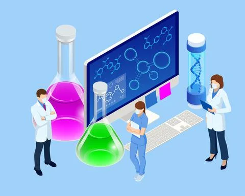 Isometric Doctor Team While Working Analysis Lab, Chemical Laboratory Science Stock Illustration