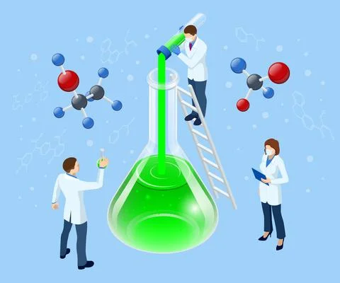 Isometric Doctor Team While Working Analysis Lab, Chemical Laboratory Science. Stock Illustration
