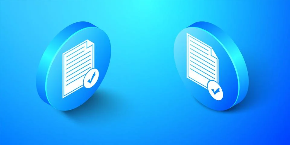 Isometric Document and check mark icon isolated on blue background. Checklist イラスト素材