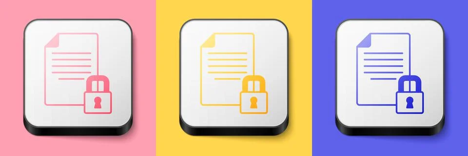 Isometric Document and lock icon isolated on pink, yellow and blue background Illustrazione stock