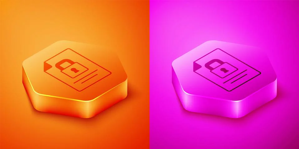 Isometric Document and lock icon isolated on orange and pink background. File Illustrazione stock