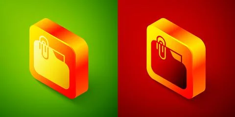 Isometric Document folder with paper clip icon isolated on green and red Stock-Illustration