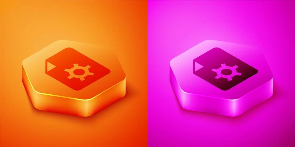 Isometric Document settings with gears icon isolated on orange and pink Stock-Illustration