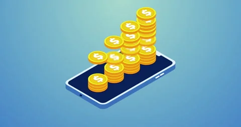 Isometric Dollar Coin Stack Growth Over Mobile with alpha Stock Footage 304613333