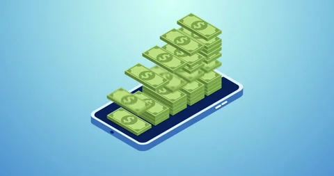 Isometric Dollar Currency Stack Growth Over Mobile with alpha Stock Footage 304613776