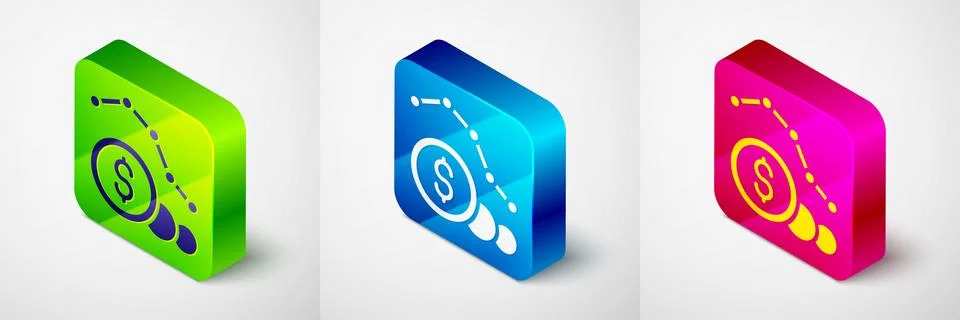 Isometric Dollar rate decrease icon isolated on grey background. Cost reduction Illustrazione stock