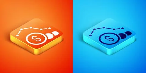 Isometric Dollar rate decrease icon isolated on orange and blue background. Cost Illustrazione stock