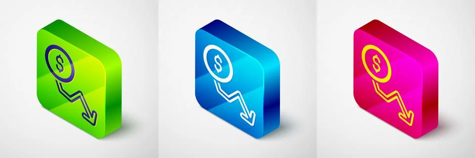Isometric Dollar rate decrease icon isolated on grey background. Cost reduction Illustrazione stock