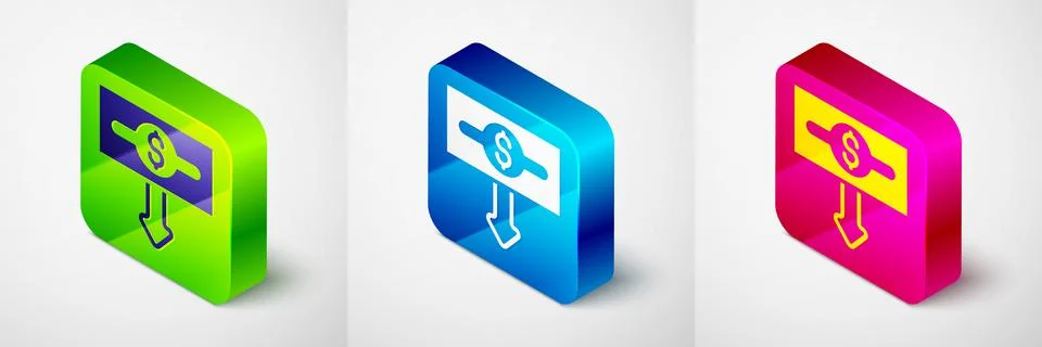 Isometric Dollar rate decrease icon isolated on grey background. Cost reduction Stockillustratie