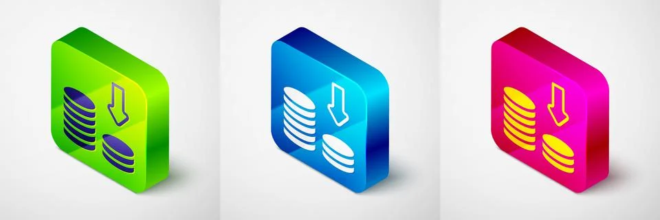 Isometric Dollar rate decrease icon isolated on grey background. Cost reduction Stock Illustration