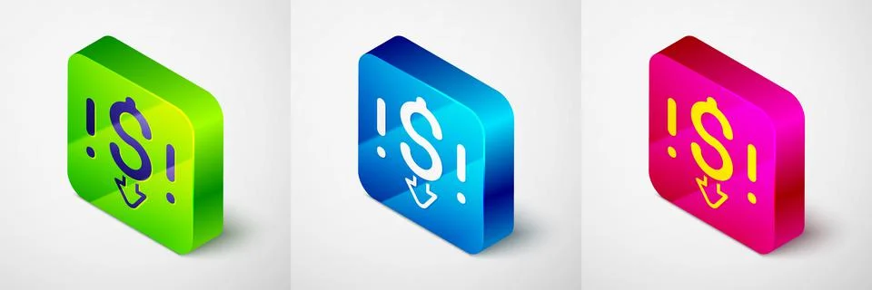 Isometric Dollar rate decrease icon isolated on grey background. Cost reducti 库存插图