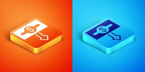 Isometric Dollar rate decrease icon isolated on orange and blue background. C Stock Illustration