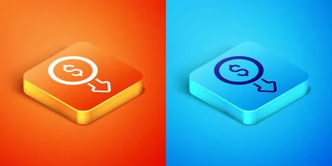 Isometric Dollar rate decrease icon isolated on orange and blue background... Illustrazione stock