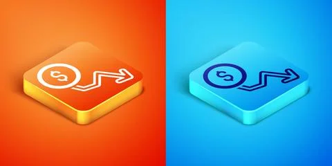 Isometric Dollar rate decrease icon isolated on orange and blue background... Stock Illustration
