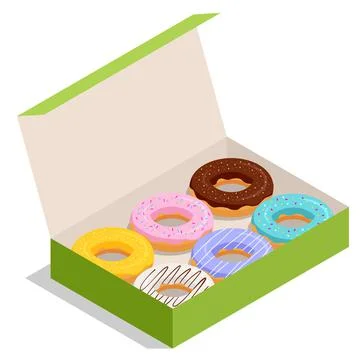 Isometric donuts with multicolored glaze in a paper box. Sweet sugar icing Stock Illustration
