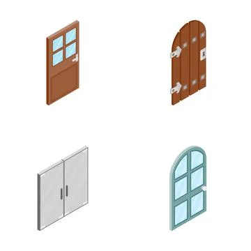 Isometric doors set illustrating various entrance designs Stock Illustration