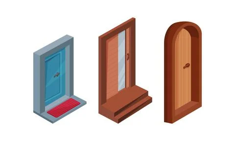 Isometric Doors with Threshold as Building and House Entrance Vector Set Ilustración de archivo