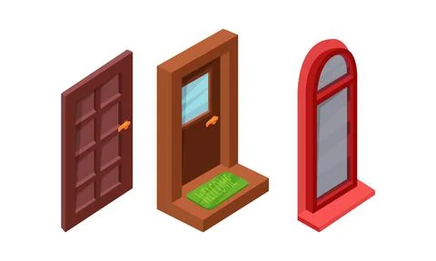 Isometric Doors with Threshold as Building and House Entrance Vector Set Ilustración de archivo
