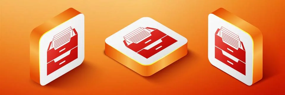 Isometric Drawer with documents icon isolated on orange background. Archive Stock Illustration