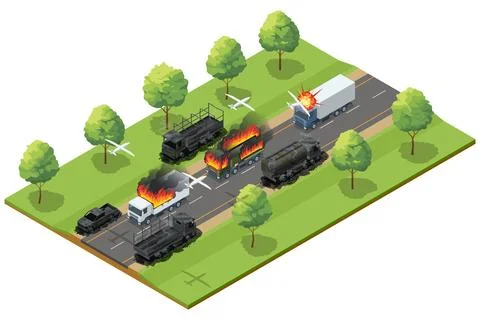 Isometric drone attack on highway convoy with burning and damaged trucks Stock Illustration