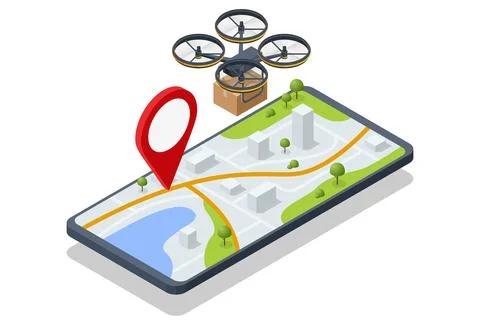 Isometric drone delivery over mobile map with parcel and location pin. Smart Ilustração Stock