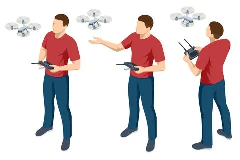 Isometric drone operator shown from several angles with remote controller Stock Illustration