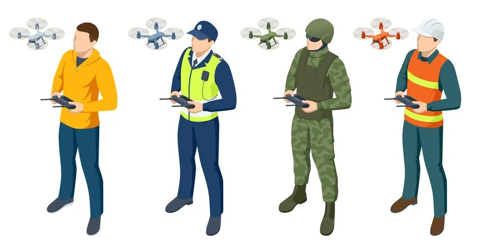 Isometric drone operators in different professions including civilian, police Illustrazione stock