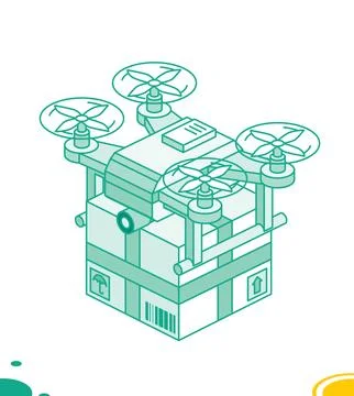 Isometric drone quadcopter with parcel box isolated on white. Outline style.. Stock Illustration