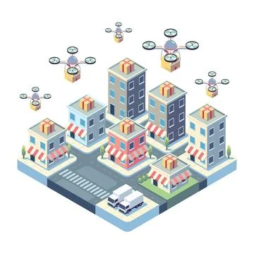 Isometric Drones Delivering Packages in Urban Environment Stock Illustration