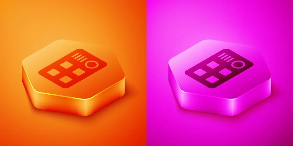 Isometric Drum machine icon isolated on orange and pink background. Musical.. Illustrazione stock