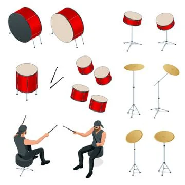 Isometric drummer behind the drum icon set. Rehearsal base, drummer playing the Stock Illustration
