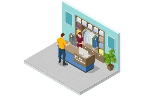 Isometric dry cleaning counter interior with customer and clerk, folded linen Stock Illustration