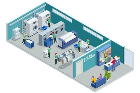 Isometric dry cleaning facility interior with staff, industrial washer, press Stock Illustration