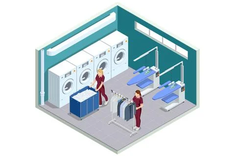 Isometric dry cleaning laundry room interior with workers, industrial washer Stock Illustration