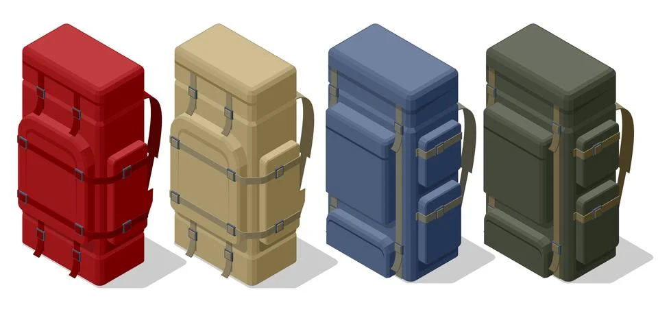 Isometric A durable, spacious hiking backpack with a rigid ergonomic back panel Stock Illustration