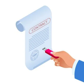 Isometric e-contract with e-signature near. Electronic Document, digital form 스톡 일러스트
