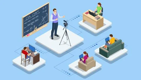 Isometric E-learning and Online Education for Student and University Concept Illustrazione stock