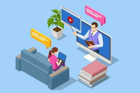 Isometric E-learning and Online Education for Student and University Concept Illustrazione stock