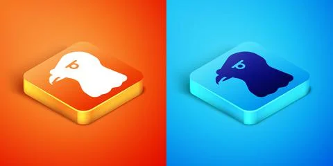 Isometric Eagle head icon isolated on orange and blue background. Vector 스톡 일러스트