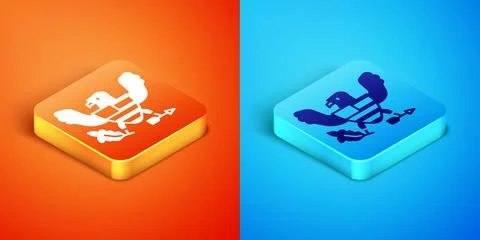 Isometric Eagle icon isolated on orange and blue background. American 스톡 일러스트