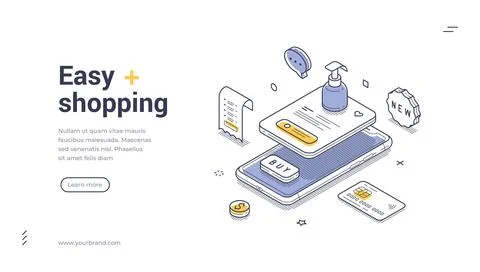 Isometric easy shopping banner template. Vector illustration of mobile e-comm Stock Illustration