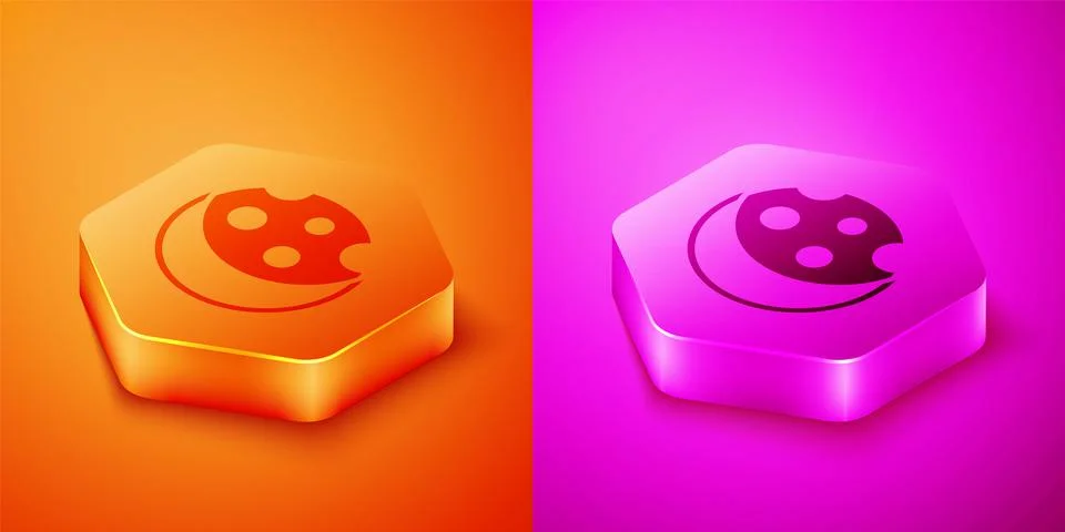 Isometric Eclipse of the sun icon isolated on orange and pink background. Tot Stock Illustration