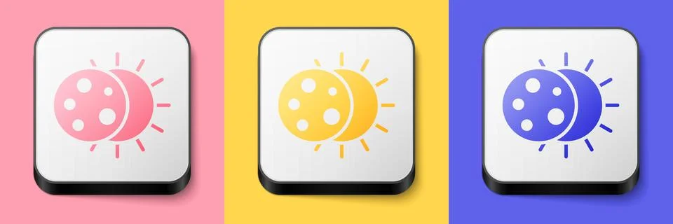 Isometric Eclipse of the sun icon isolated on pink, yellow and blue background Stock Illustration