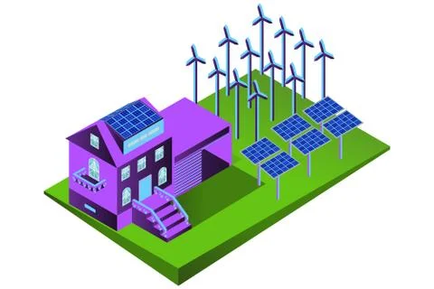 Isometric eco friendly house with wind turbines and solar panels. Green energ Stock Illustration