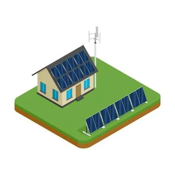 Isometric eco friendly house with wind turbine and solar panels. Green energy Stock Illustration