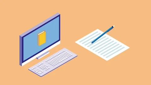 Isometric education animation featuring computer desktop with textbook icon.. Stock Footage 334162620
