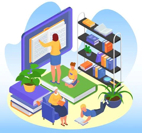 Isometric education concept, vector illustration, tiny man woman character read Stock Illustration