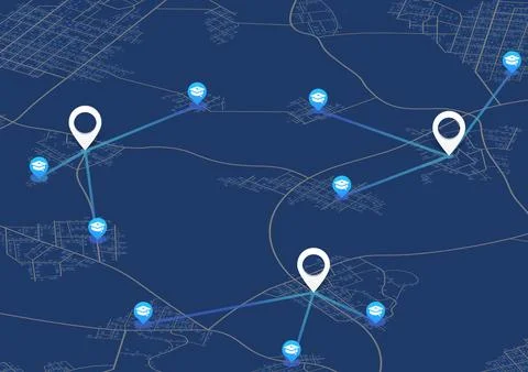 Isometric education logistics map with graduation cap pins and blue route Stock Illustration